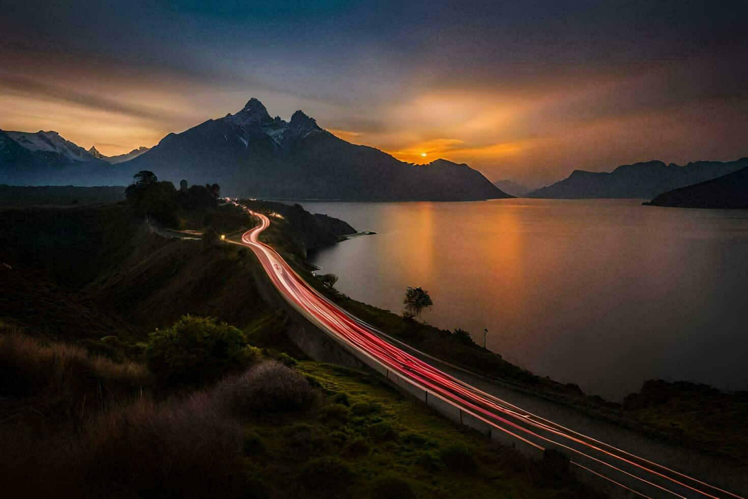 een lang blootstelling foto van een weg en bergen Bij zonsondergang. ai-gegenereerd