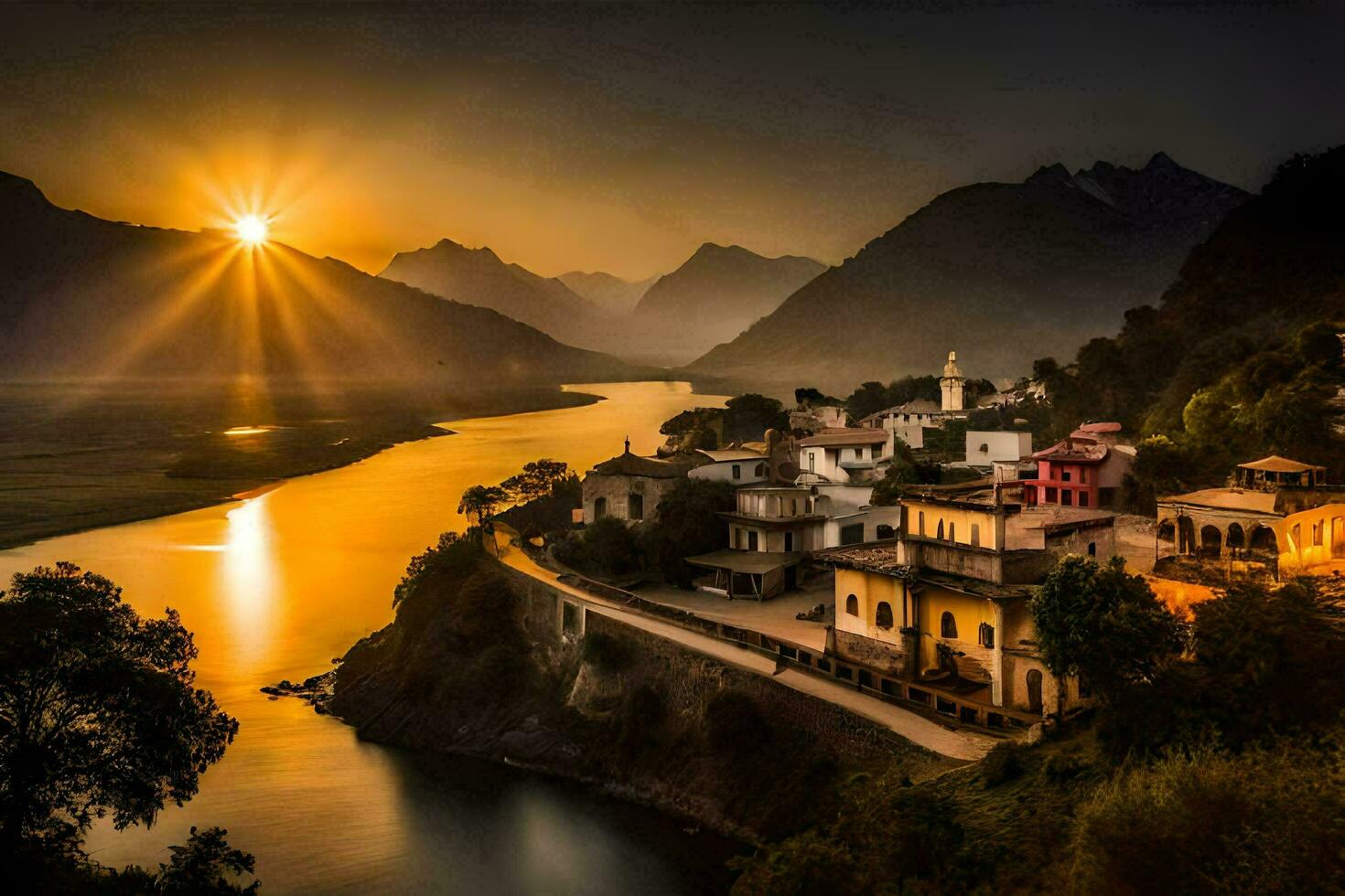 foto behang de lucht, bergen, rivier, zonsondergang, de zon, de bergen, de rivier. ai-gegenereerd