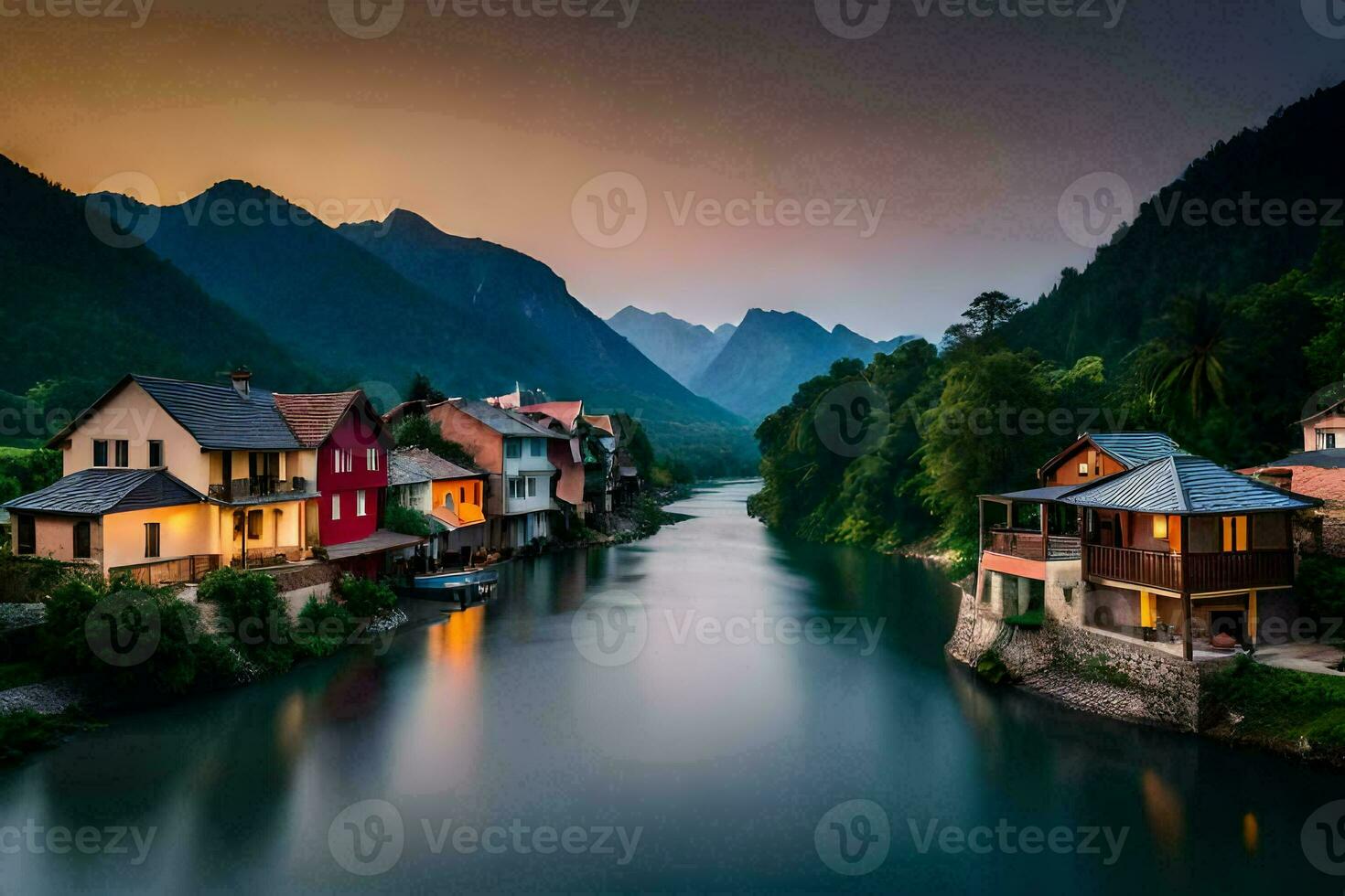 een rivier- loopt door een stad- Bij zonsondergang. ai-gegenereerd foto