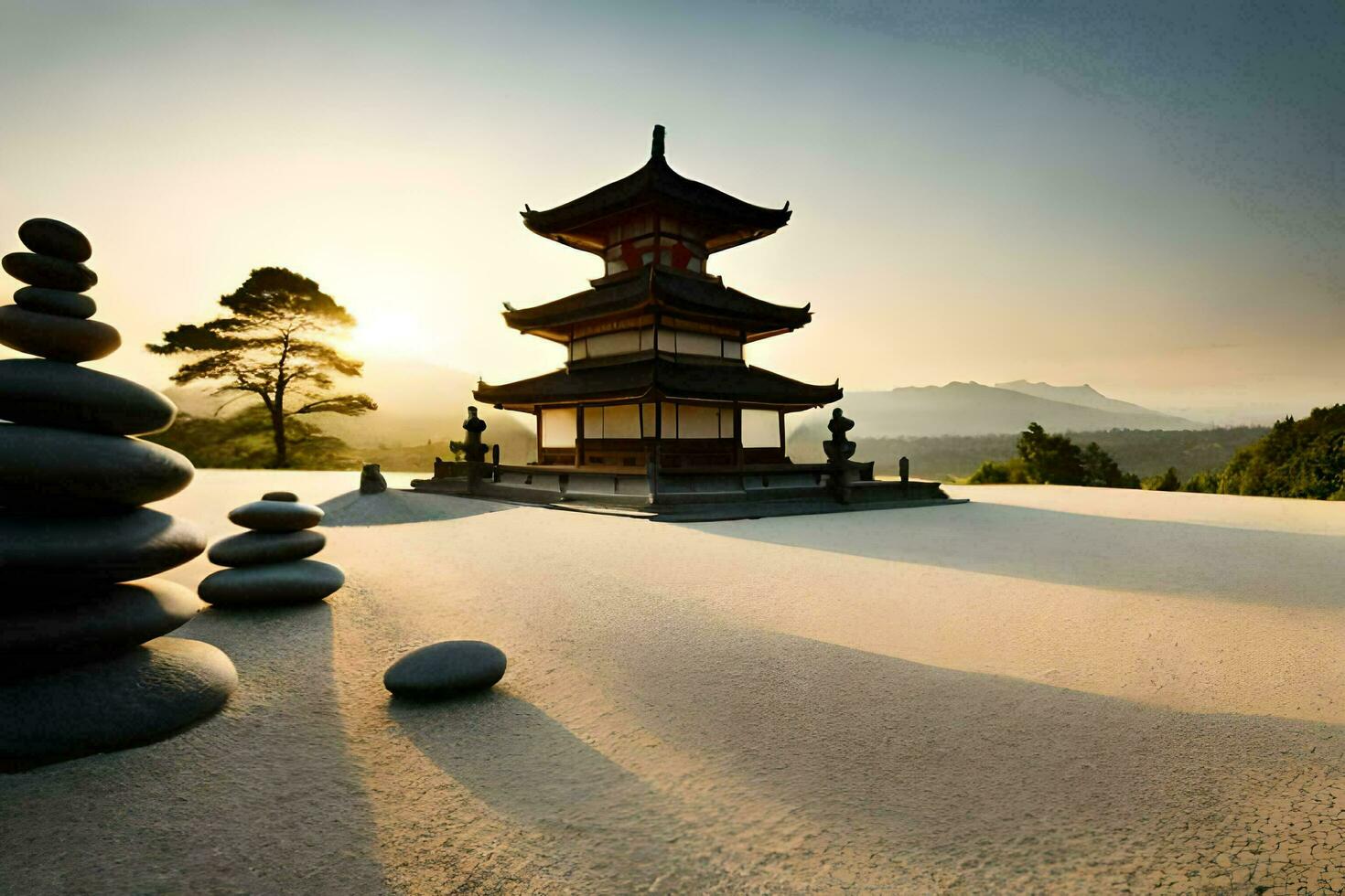 een pagode zit in de midden- van een veld. ai-gegenereerd foto