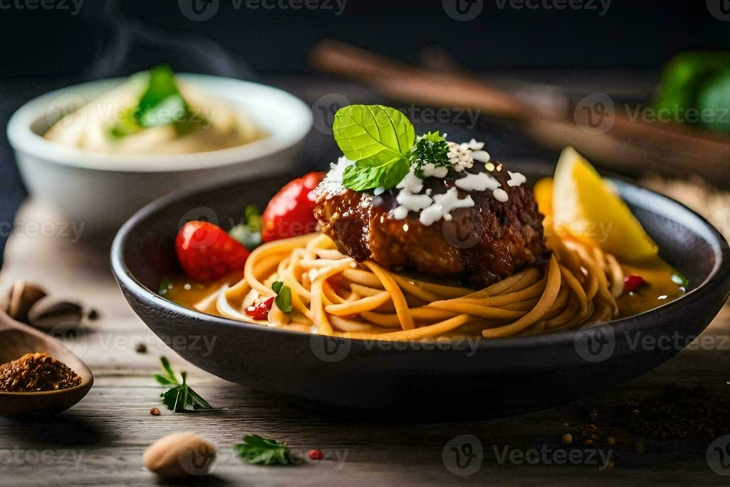 spaghetti met gehaktballen en saus in een schaal. ai-gegenereerd foto