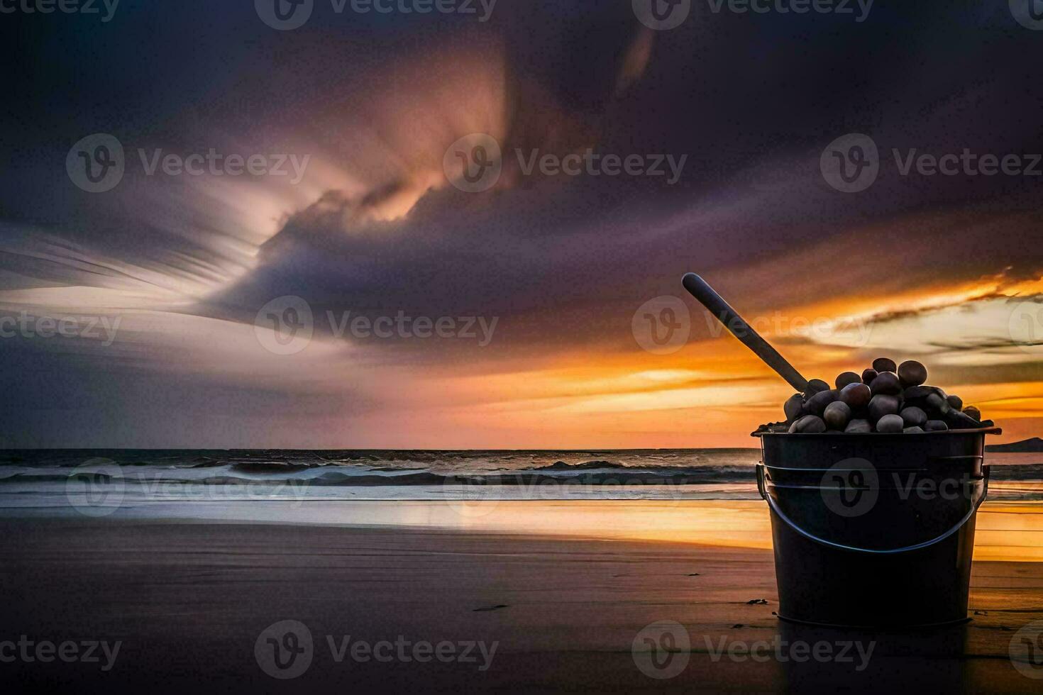 een emmer van schelpen Aan de strand Bij zonsondergang. ai-gegenereerd foto