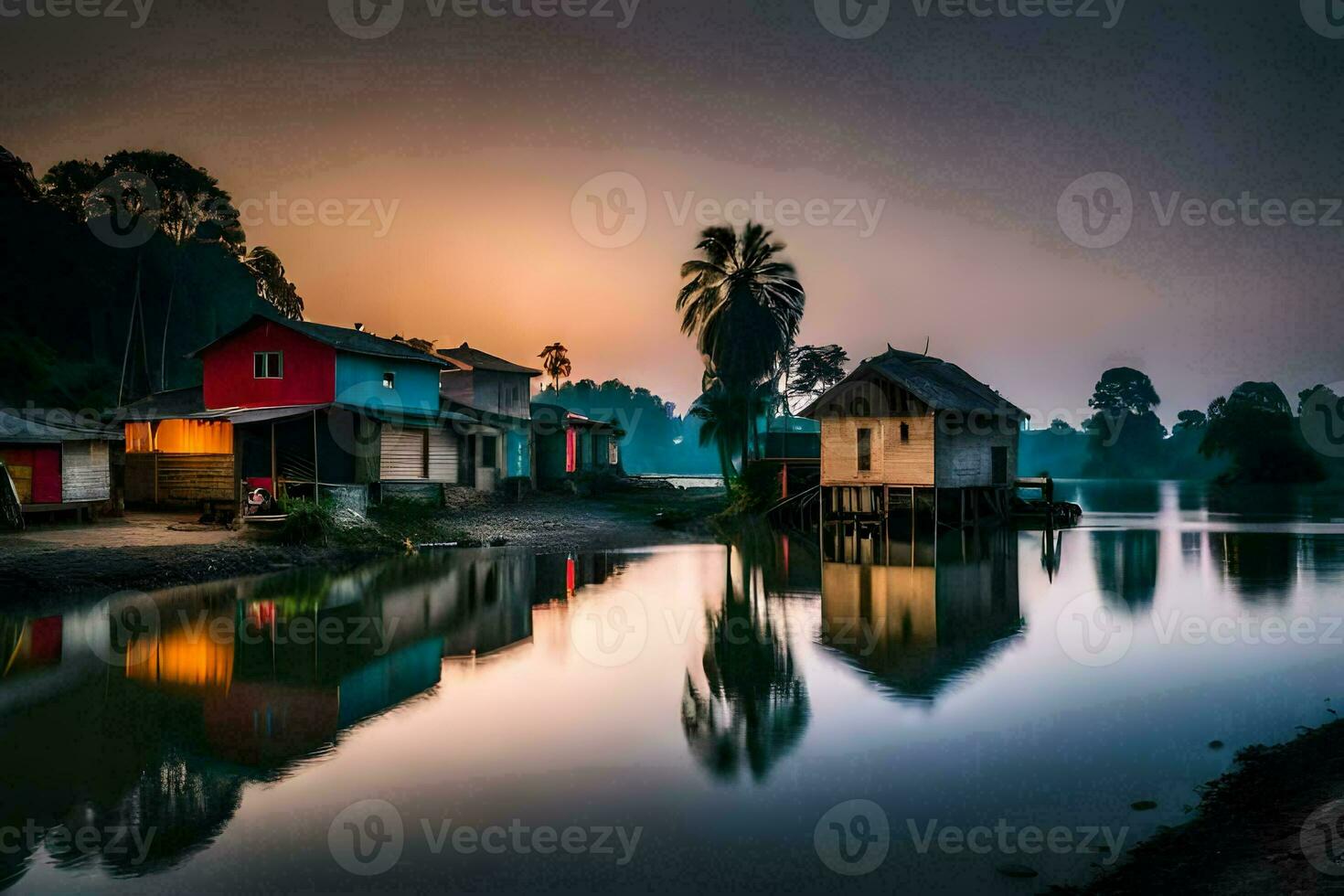 huizen Aan de water Bij zonsondergang. ai-gegenereerd foto