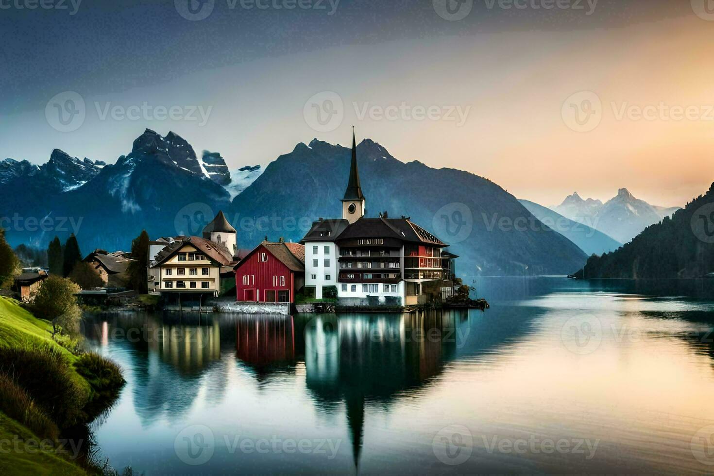 een mooi meer en berg landschap Bij zonsondergang. ai-gegenereerd foto