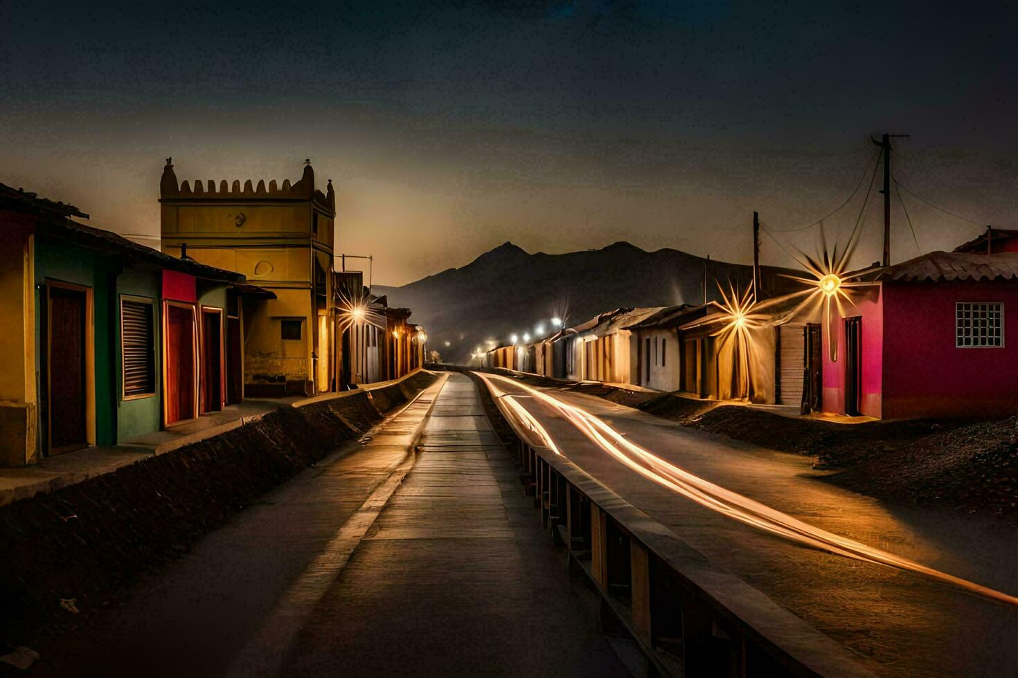 een lang blootstelling foto van een straat Bij nacht. ai-gegenereerd