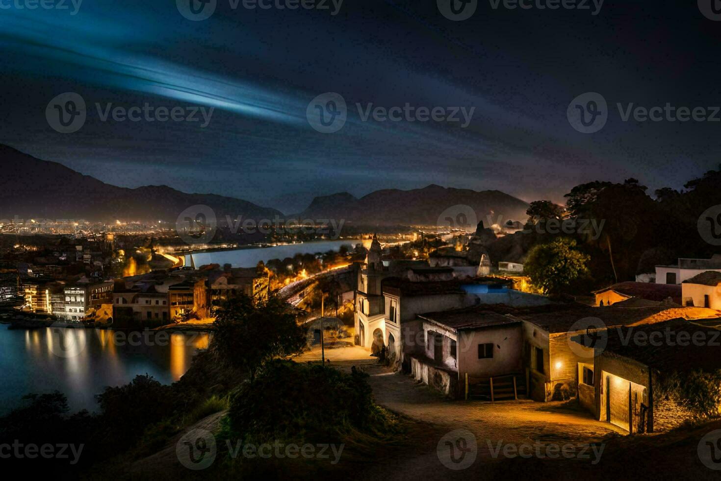 een stad Bij nacht met een rivier- en bergen in de achtergrond. ai-gegenereerd foto