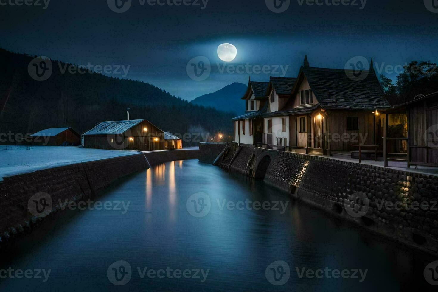 een vol maan schijnt over- een rivier- in de sneeuw. ai-gegenereerd foto