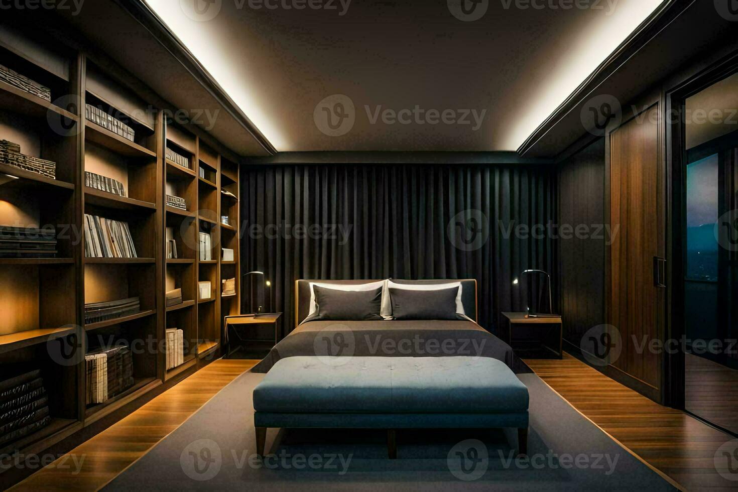 een slaapkamer met een bed en boekenplanken. ai-gegenereerd foto