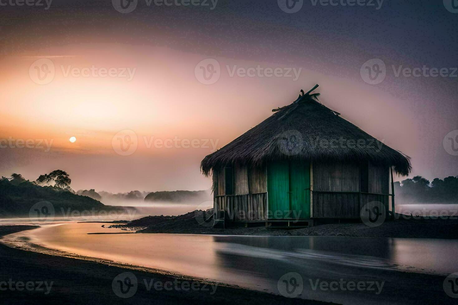 de hut Aan de strand, zonsopkomst, water, de oceaan, zonsopkomst, de oceaan, zonsopkomst. ai-gegenereerd foto