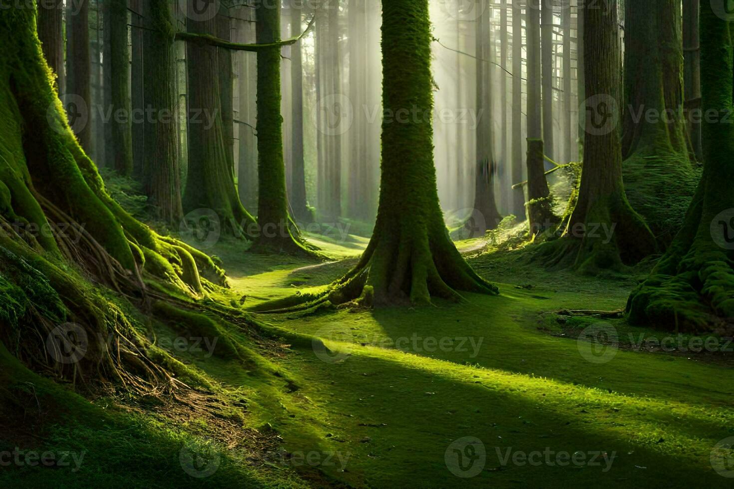 een groen Woud met bomen en zonlicht. ai-gegenereerd foto