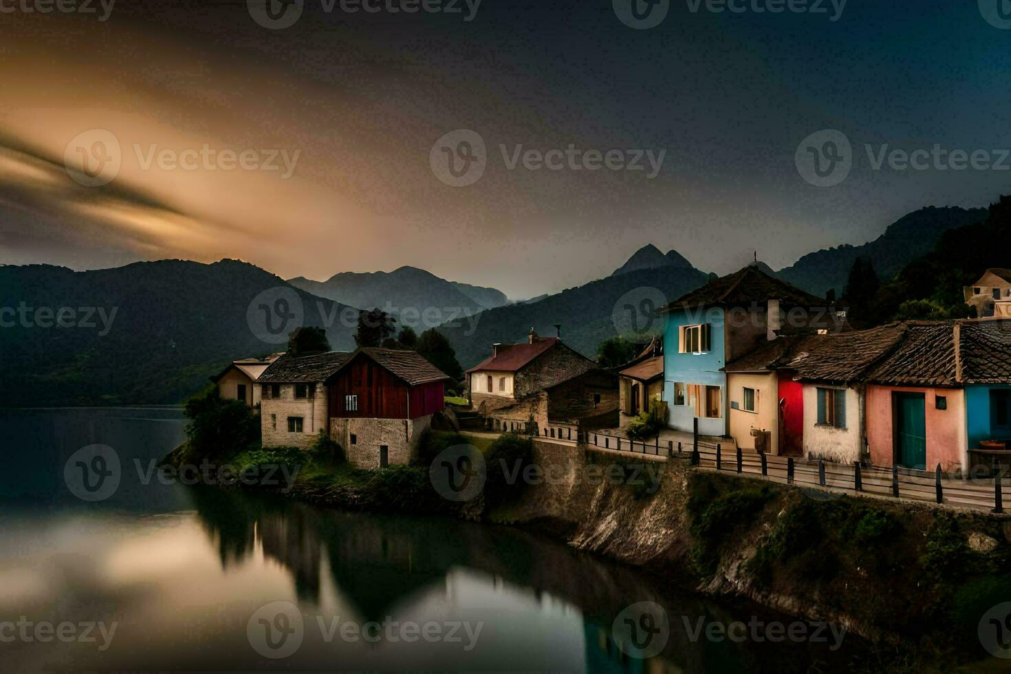 een dorp in de bergen met een meer en bergen in de achtergrond. ai-gegenereerd foto