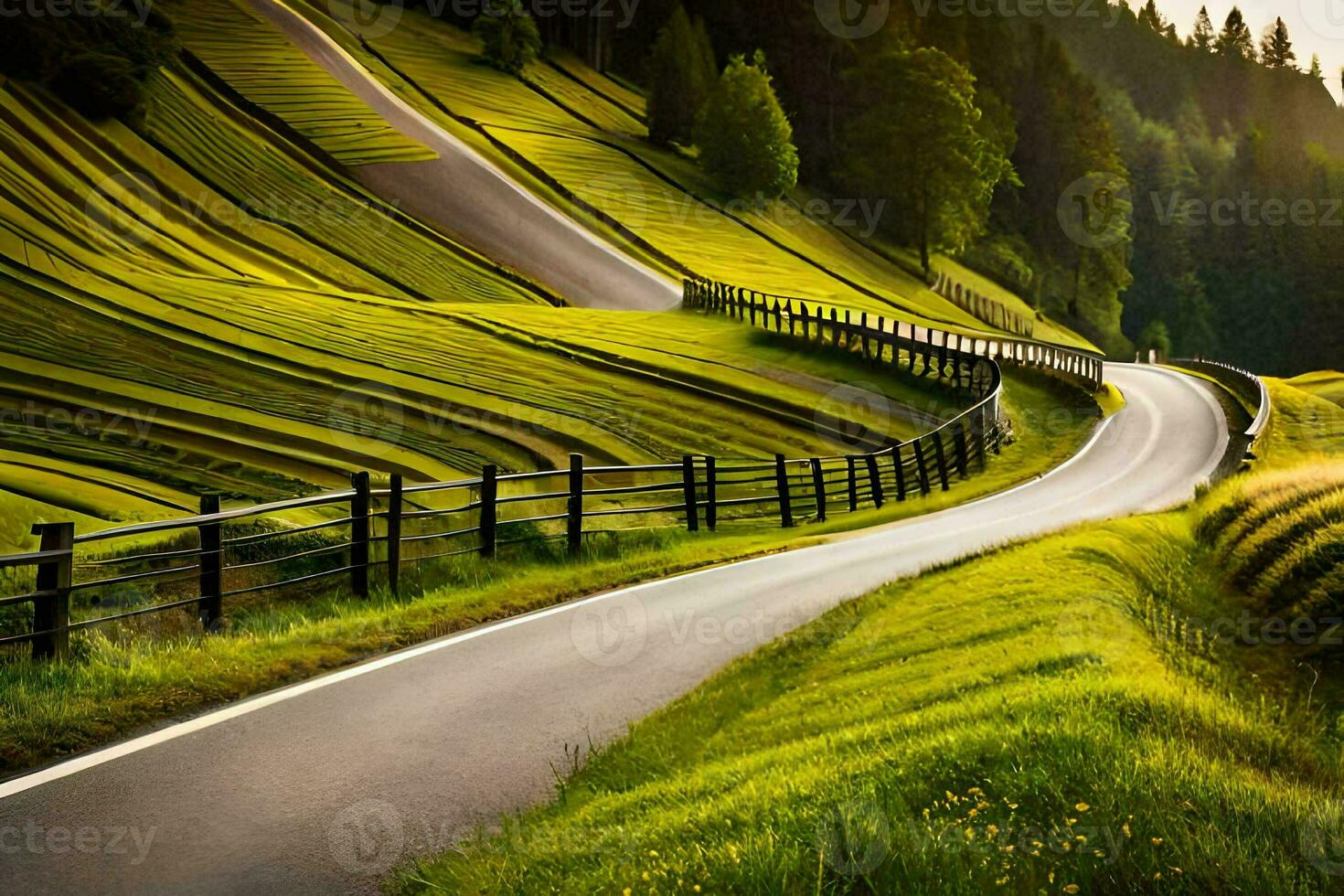 een kronkelend weg in de bergen met groen gras. ai-gegenereerd foto