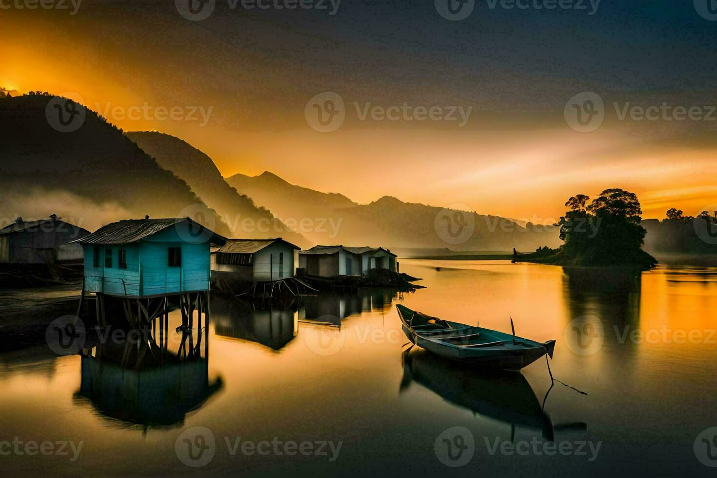 een boot zit Aan de water Bij zonsondergang. ai-gegenereerd foto