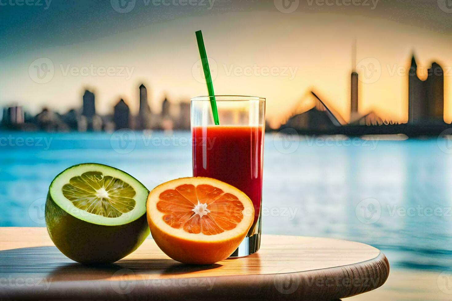 oranje sap en een glas van water Aan een tafel in voorkant van de water. ai-gegenereerd foto