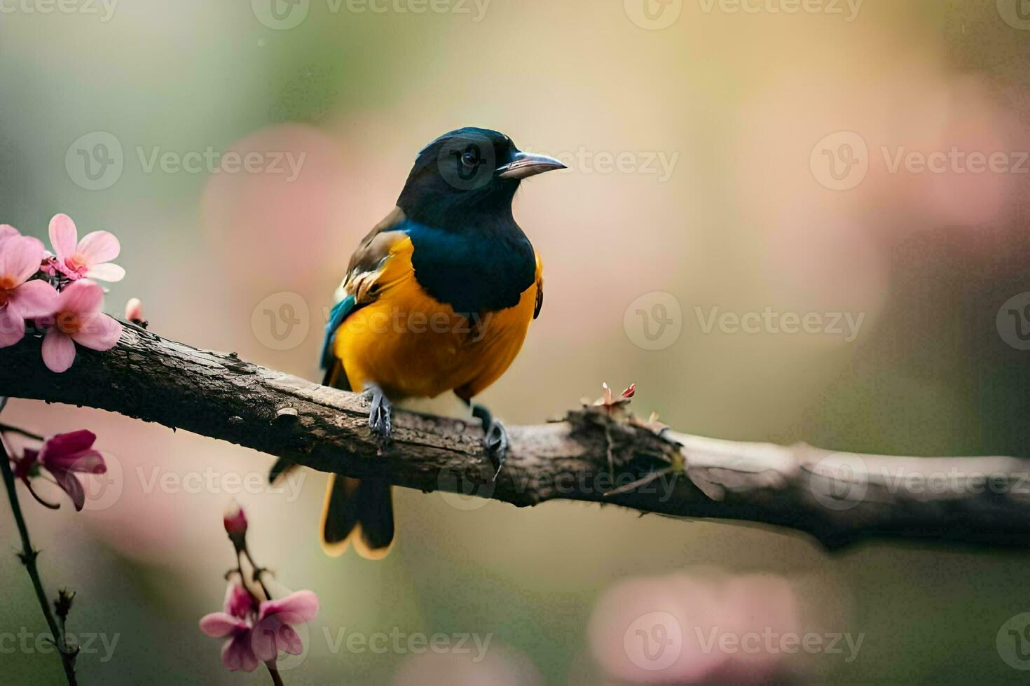 een vogel zit Aan een Afdeling met roze bloemen. ai-gegenereerd foto