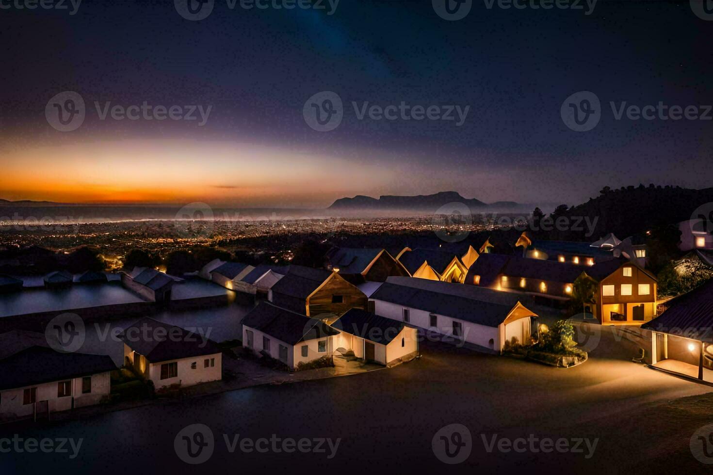 een stad- Bij schemer met lichten Aan de daken. ai-gegenereerd foto