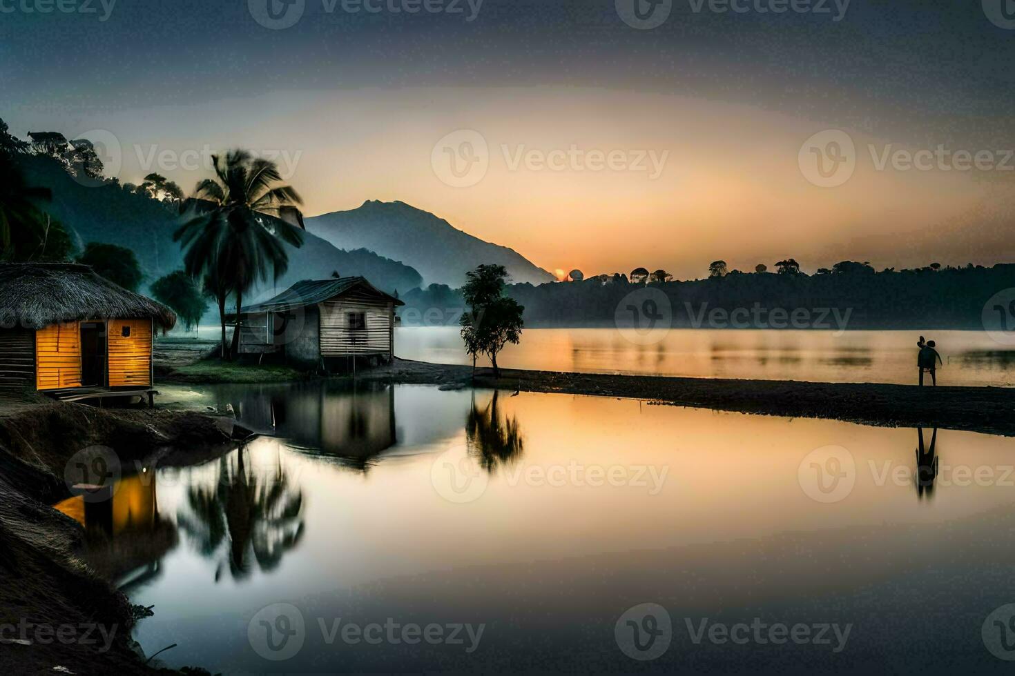 een klein hut zit Aan de kust van een meer Bij zonsopkomst. ai-gegenereerd foto