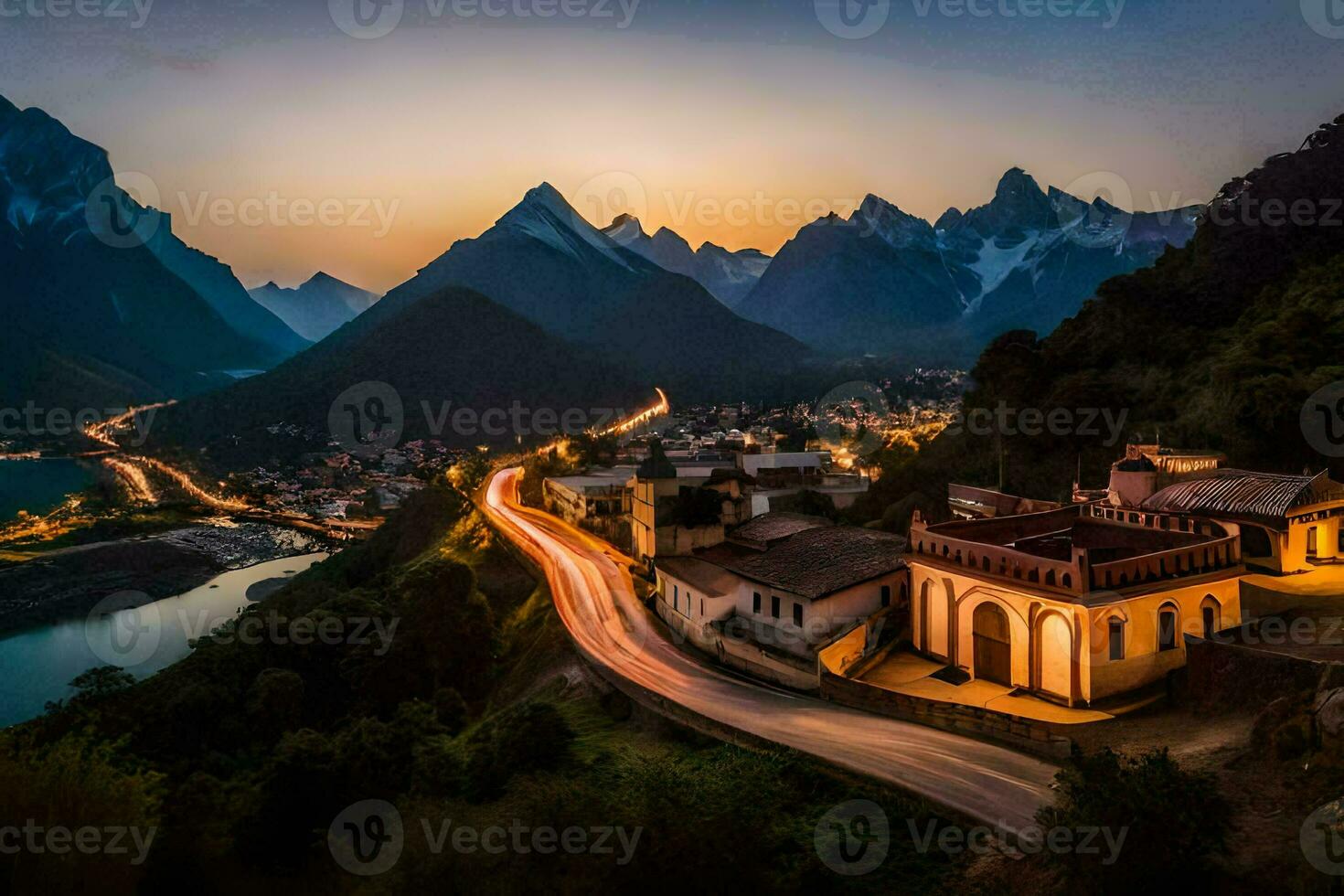 foto behang de lucht, bergen, weg, huis, zonsondergang, de stad, de bergen,. ai-gegenereerd