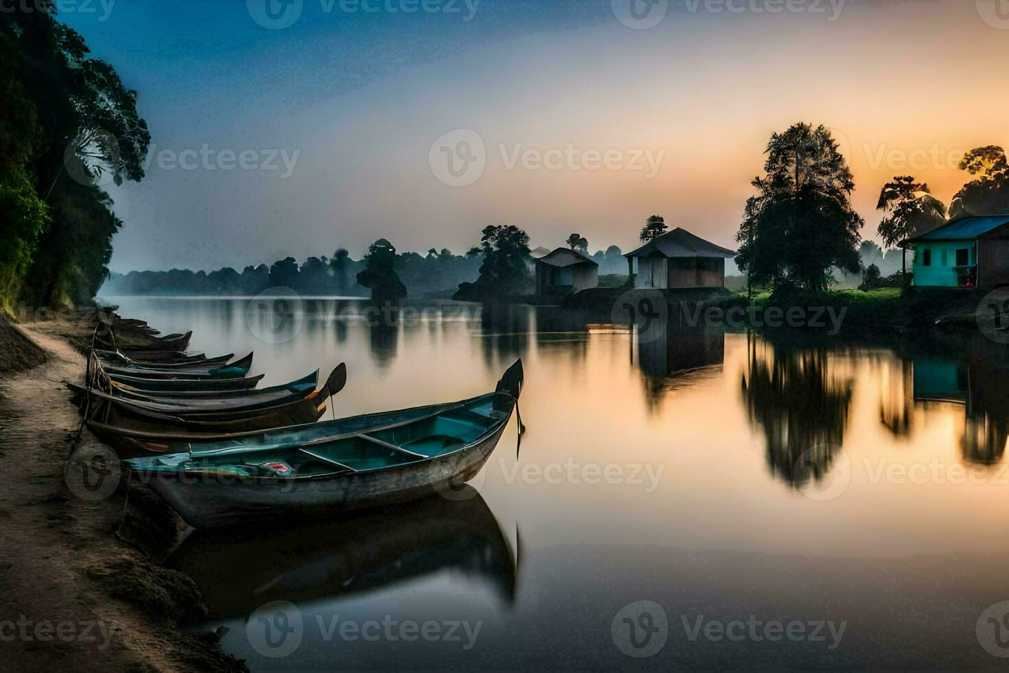 boten Aan de rivier- Bij zonsopkomst. ai-gegenereerd foto