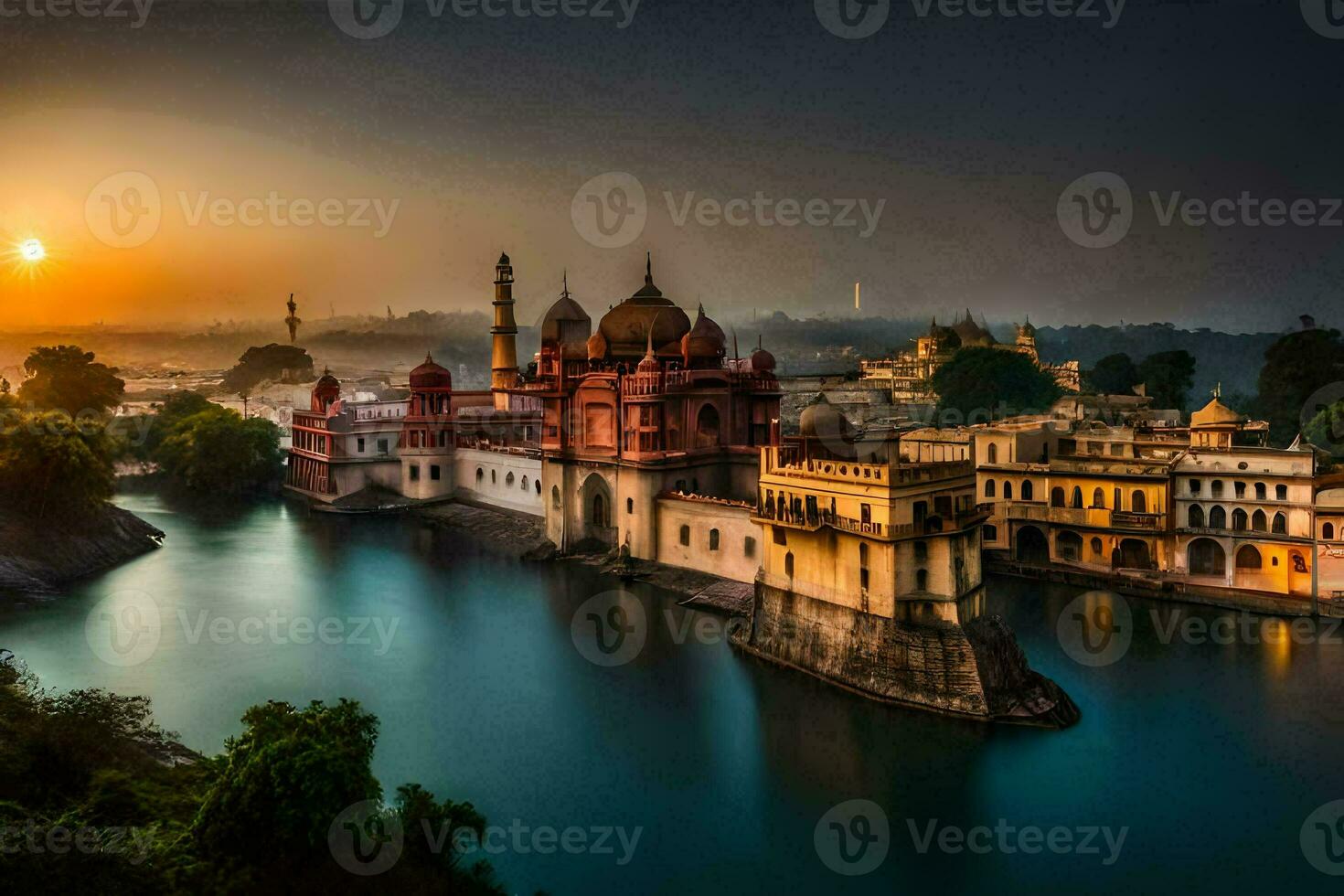 de zon stijgt over- de stad van udaipur. ai-gegenereerd foto