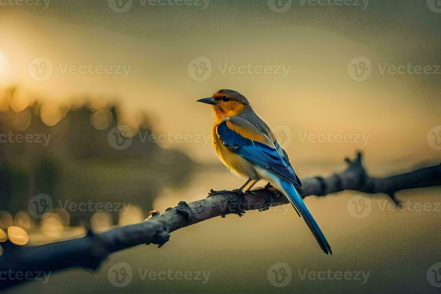 een blauw en geel vogel zit Aan een Afdeling in de buurt een meer. ai-gegenereerd foto