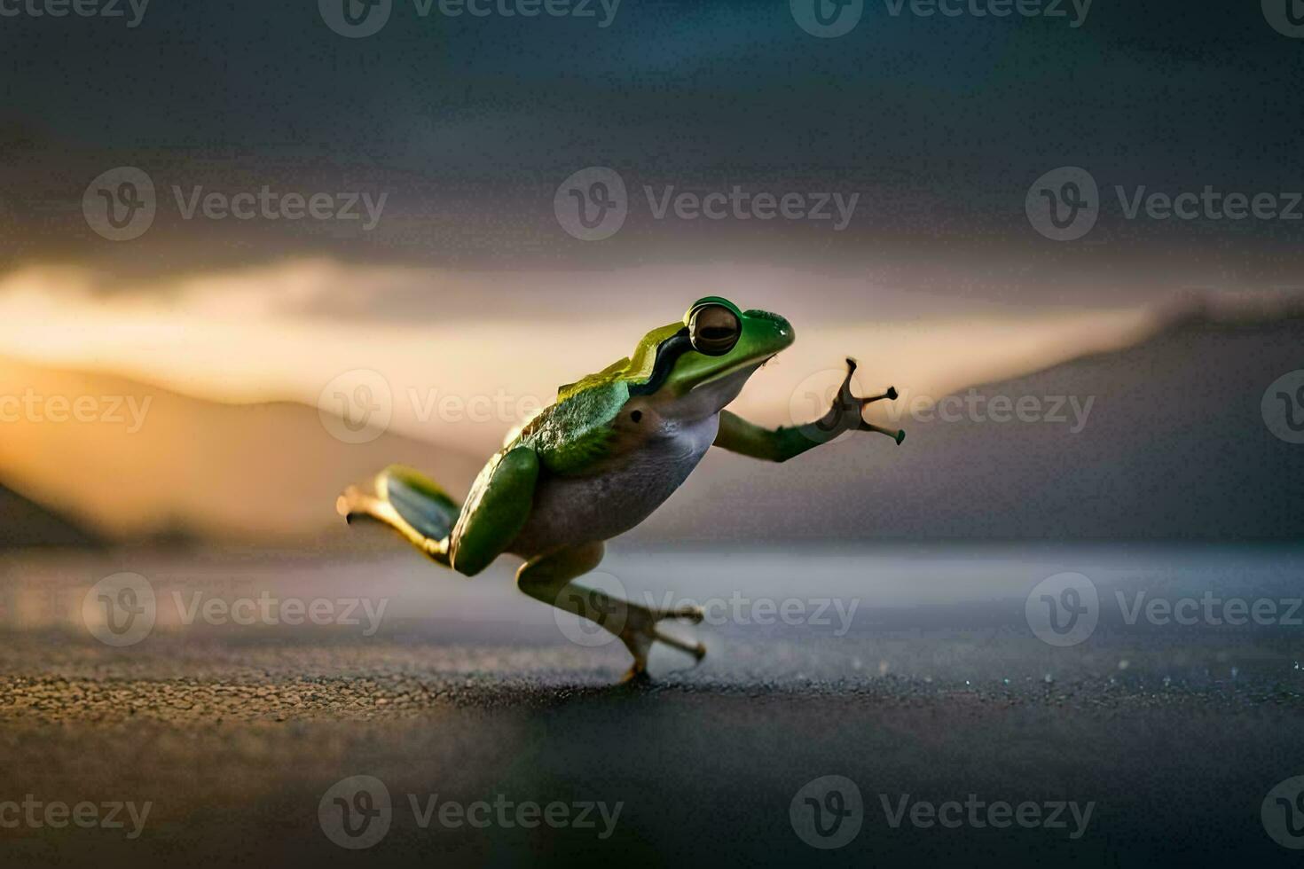 een kikker jumping in de lucht Aan een meer. ai-gegenereerd foto