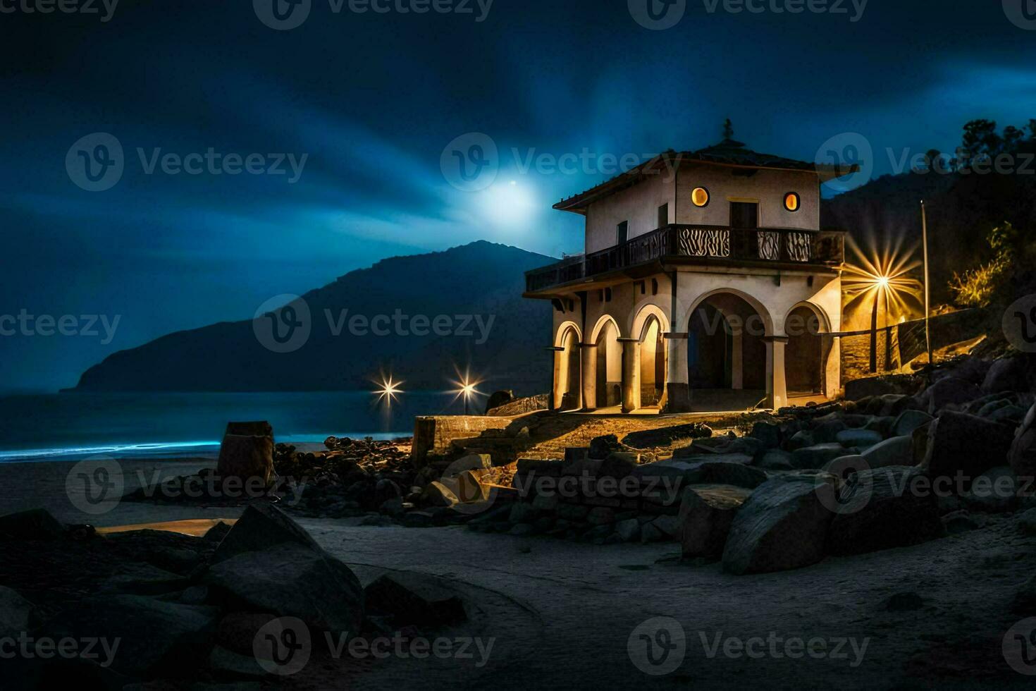 een klein huis Aan de strand Bij nacht. ai-gegenereerd foto