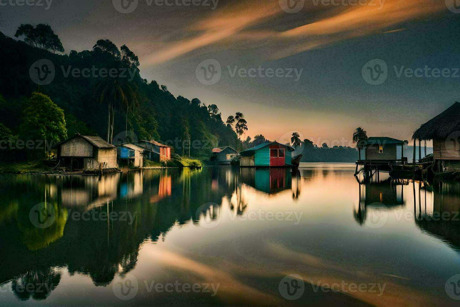 een meer met huizen Aan het Bij zonsondergang. ai-gegenereerd foto
