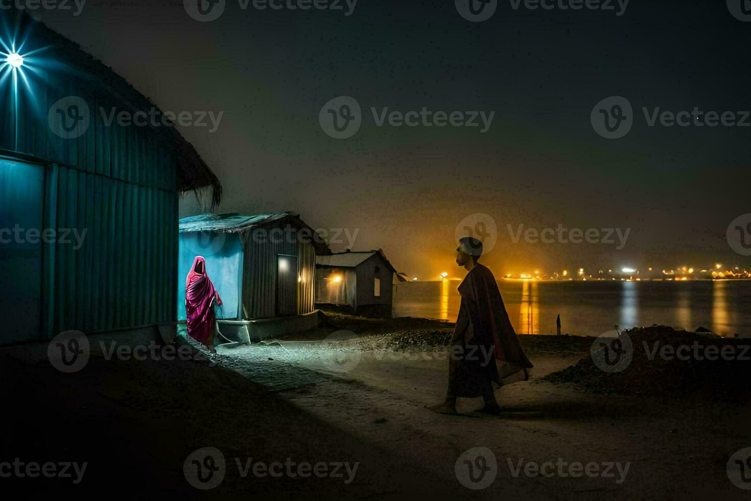 twee mensen wandelen langs de strand Bij nacht. ai-gegenereerd foto