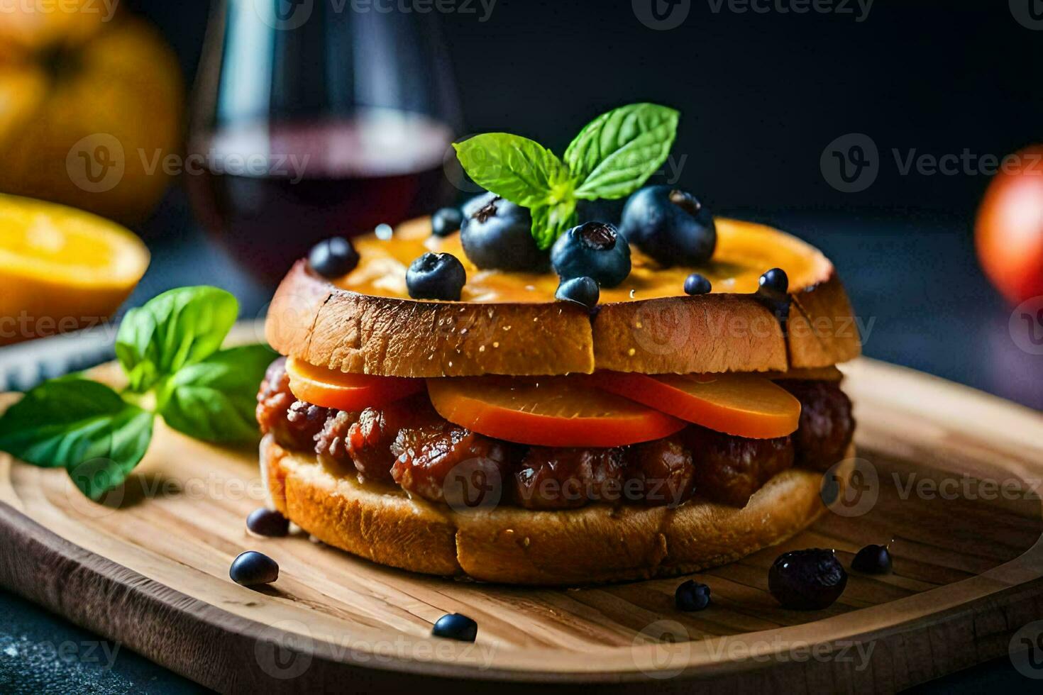 een Hamburger met tomaten en bosbessen Aan een houten snijdend bord. ai-gegenereerd foto