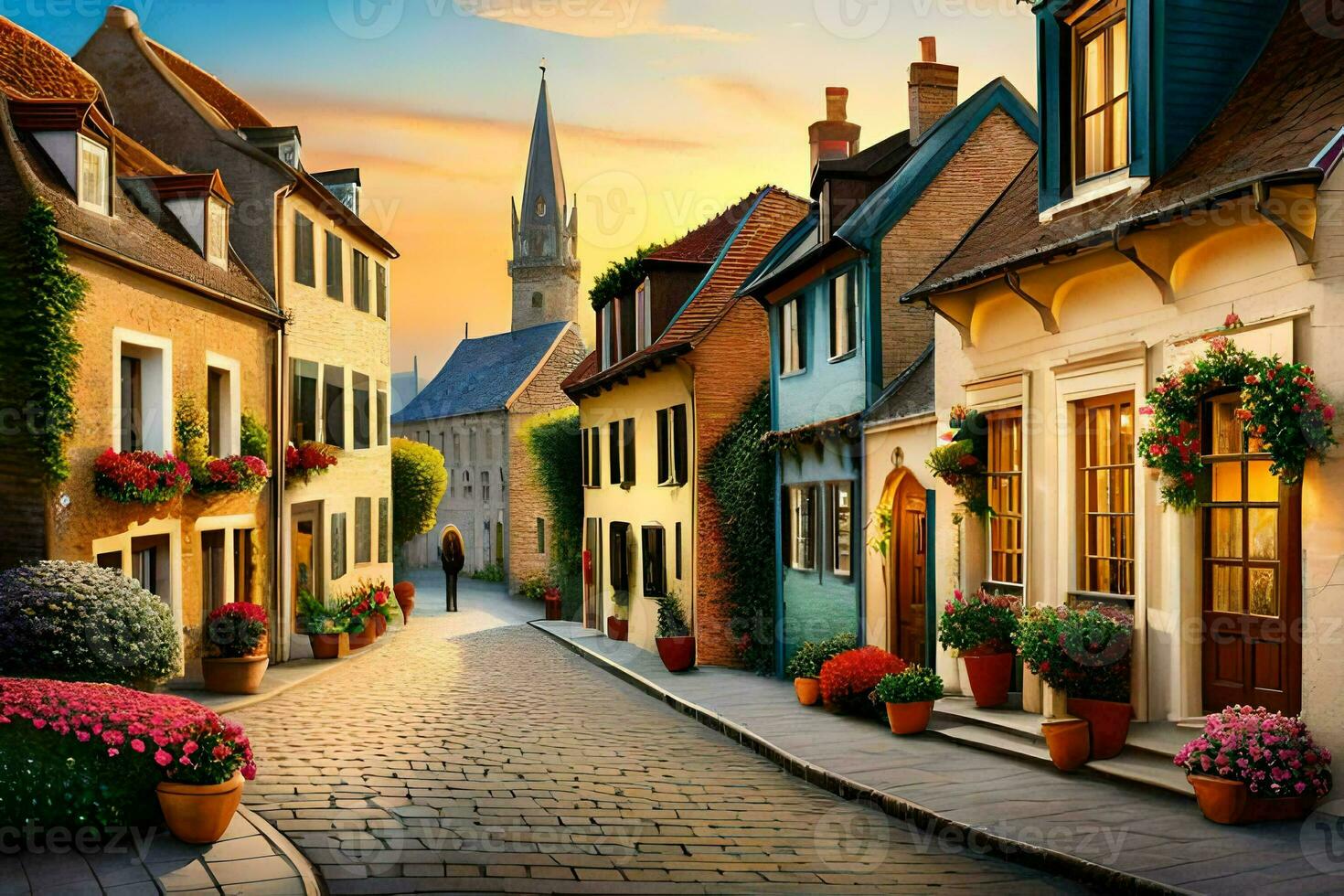 een straat in Europa met huizen en bloemen. ai-gegenereerd foto