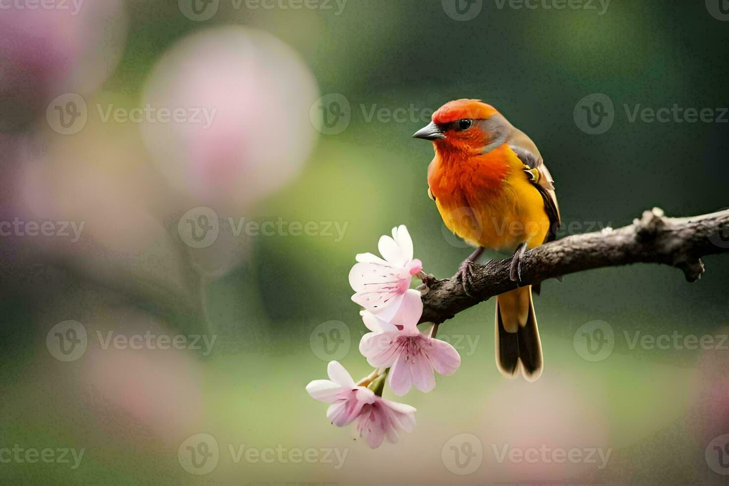 een klein oranje vogel zit Aan een Afdeling met roze bloemen. ai-gegenereerd foto