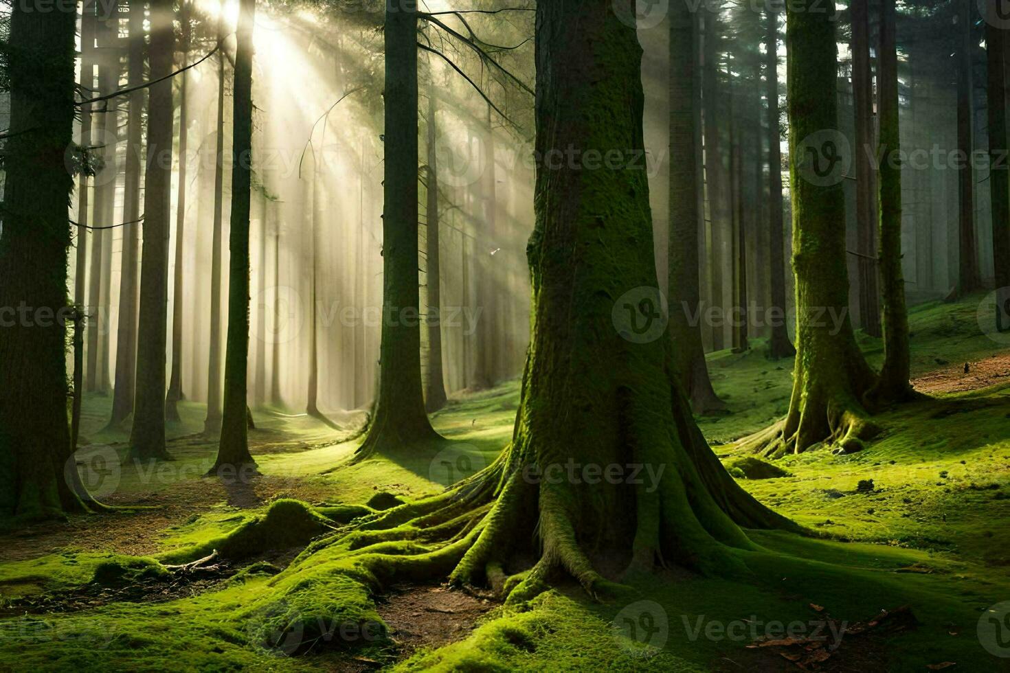 de zon schijnt door de bomen in een Woud. ai-gegenereerd foto