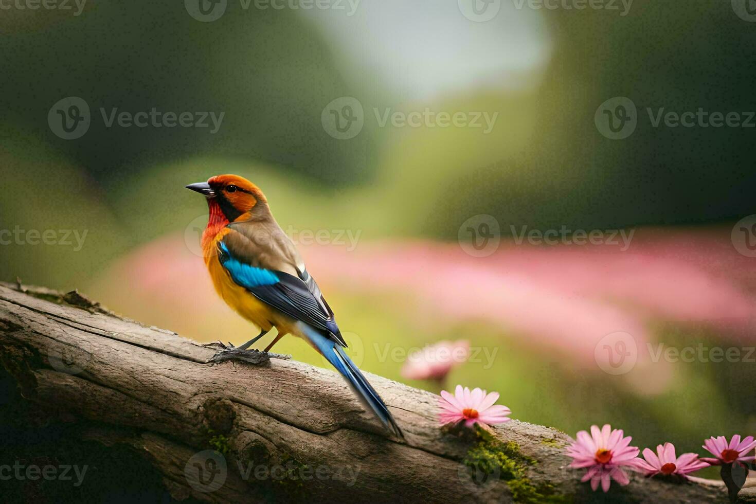 een kleurrijk vogel zit Aan een Afdeling in voorkant van roze bloemen. ai-gegenereerd foto