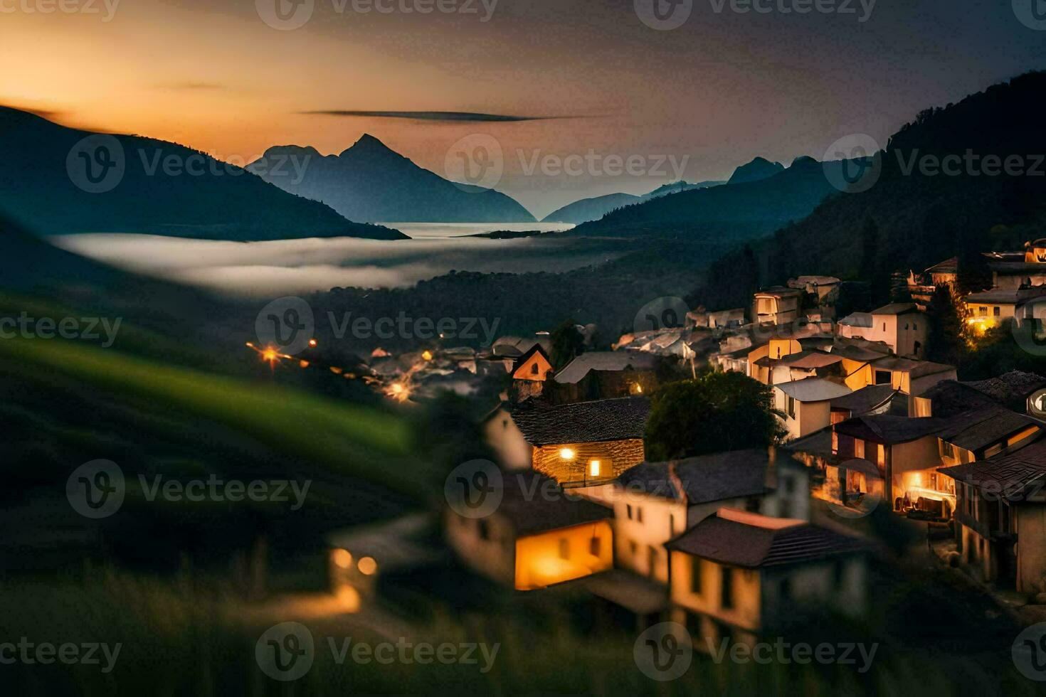 een stad- in de bergen Bij zonsondergang. ai-gegenereerd foto