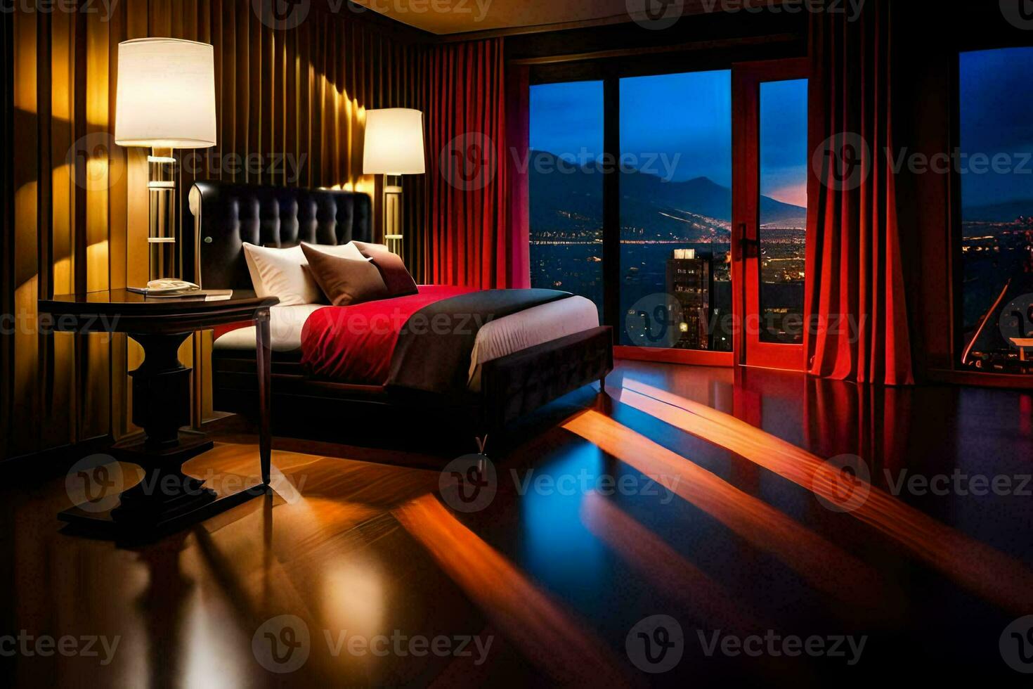 een slaapkamer met een visie van de stad Bij nacht. ai-gegenereerd foto