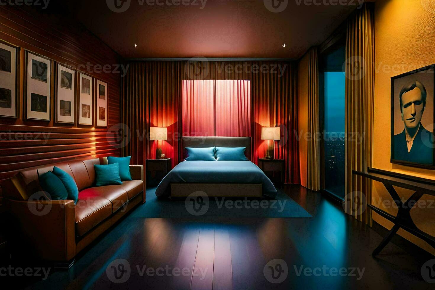 een slaapkamer met een bed, bankstel en een schilderen. ai-gegenereerd foto