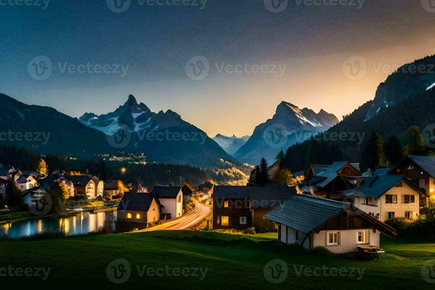 foto behang bergen, de lucht, de zon, de bergen, de dorp, de bergen,. ai-gegenereerd