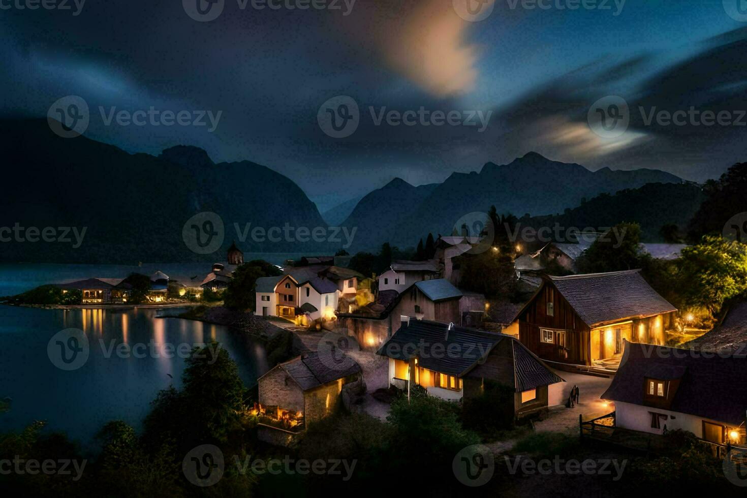 foto behang de lucht, bergen, water, nacht, dorp, huis, meer, bergen,. ai-gegenereerd