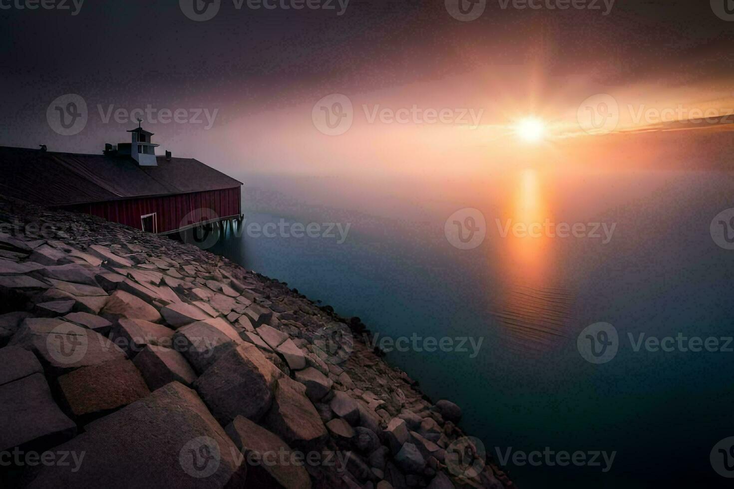 de zon stijgt over- een vuurtoren Aan de oever. ai-gegenereerd foto