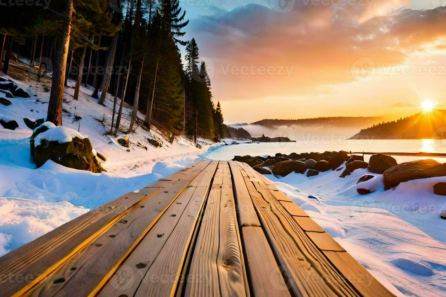 een houten promenade Leidt naar de kust van een meer gedurende een zonsondergang. ai-gegenereerd foto