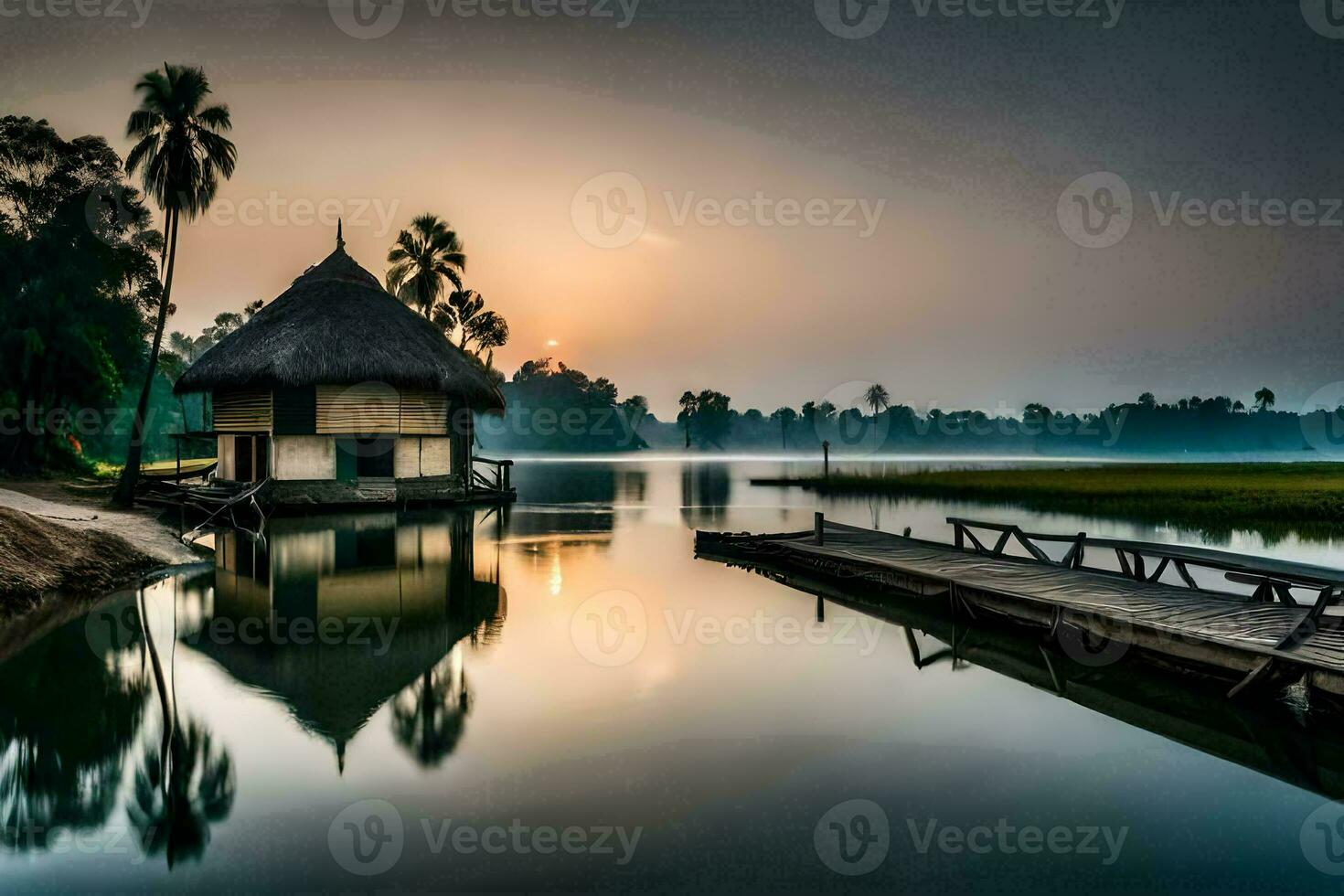 een klein hut zit Aan de kust van een meer. ai-gegenereerd foto