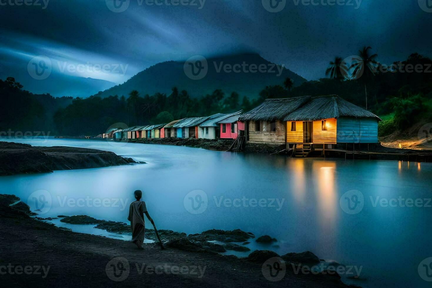 een Mens staat in voorkant van een rivier- Bij nacht. ai-gegenereerd foto