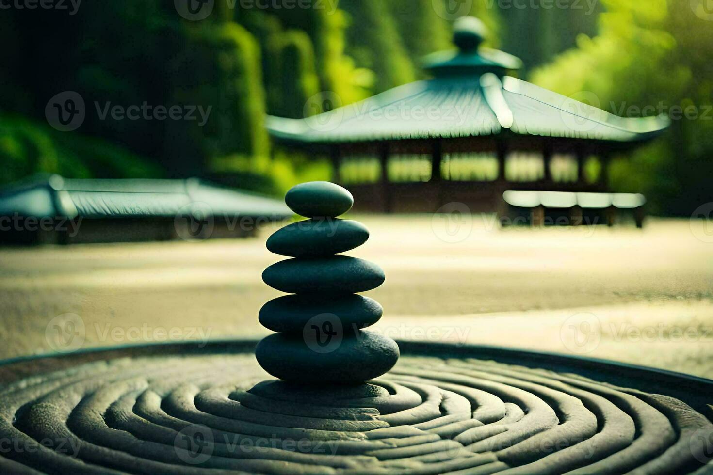 een stack van stenen in voorkant van een pagode. ai-gegenereerd foto