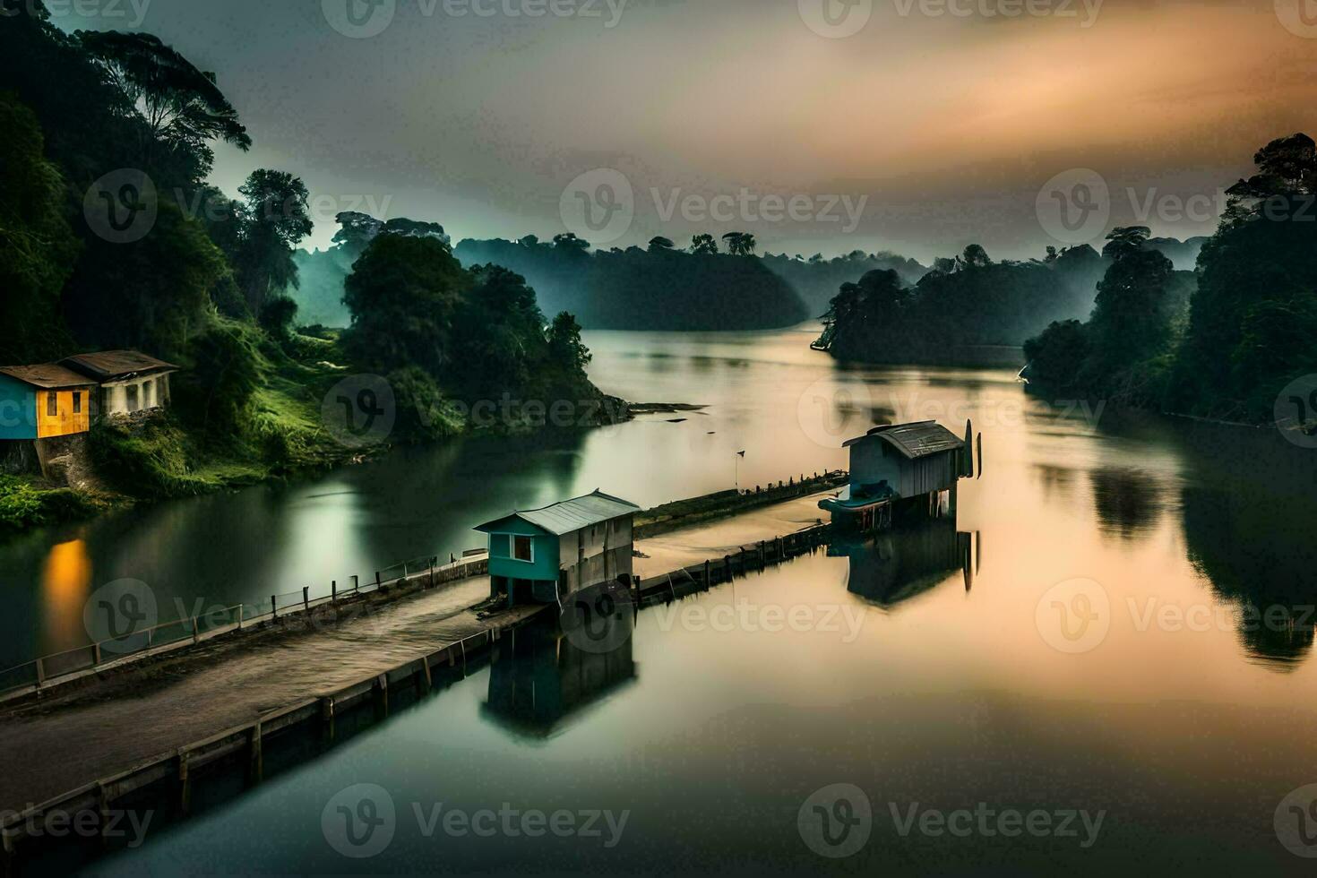 een boot dok in de midden- van een meer. ai-gegenereerd foto