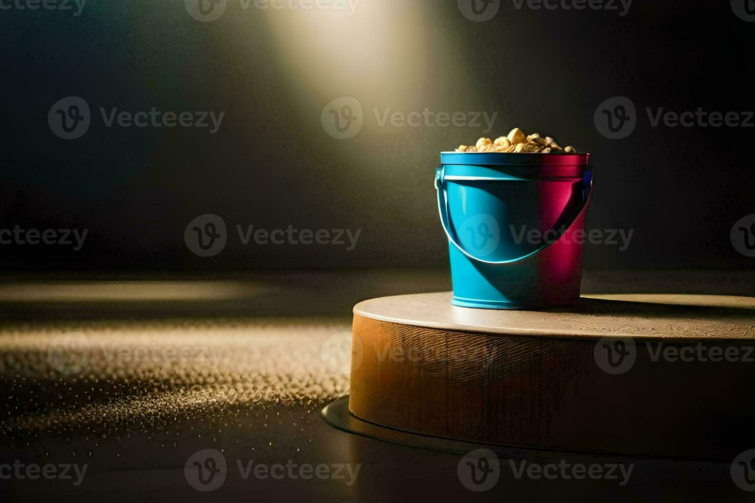 een emmer van popcorn Aan een houten tafel. ai-gegenereerd foto