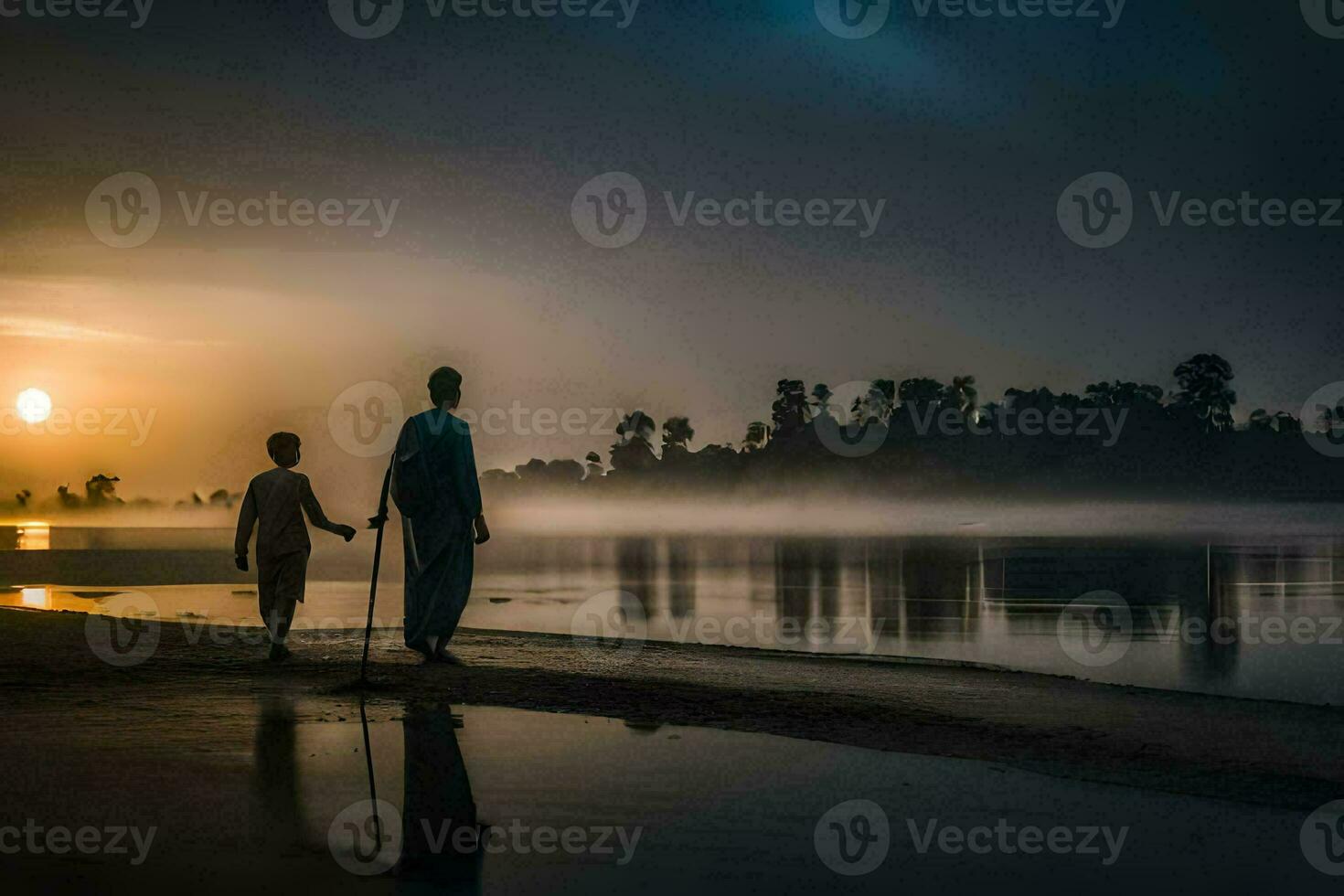 twee mensen wandelen langs de kust Bij zonsondergang. ai-gegenereerd foto