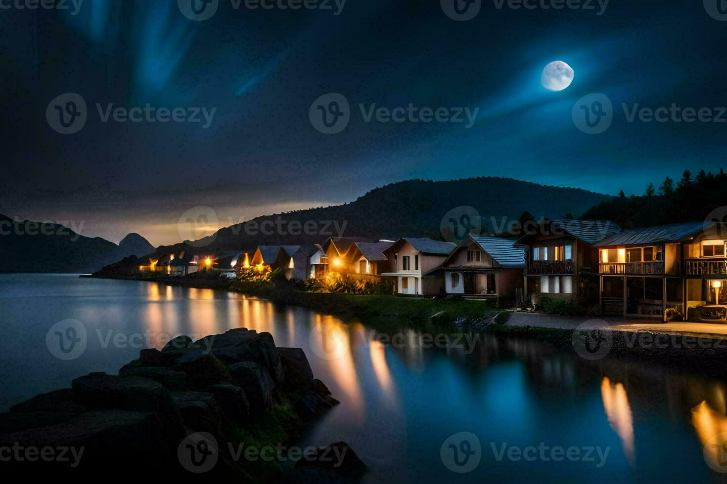 foto behang de lucht, maan, water, huizen, de zee, de maan, de nacht. ai-gegenereerd