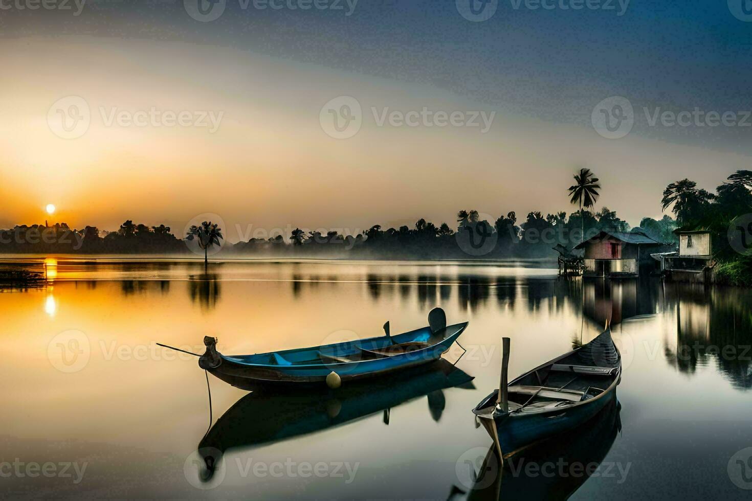 twee boten zitten Aan de water Bij zonsondergang. ai-gegenereerd foto