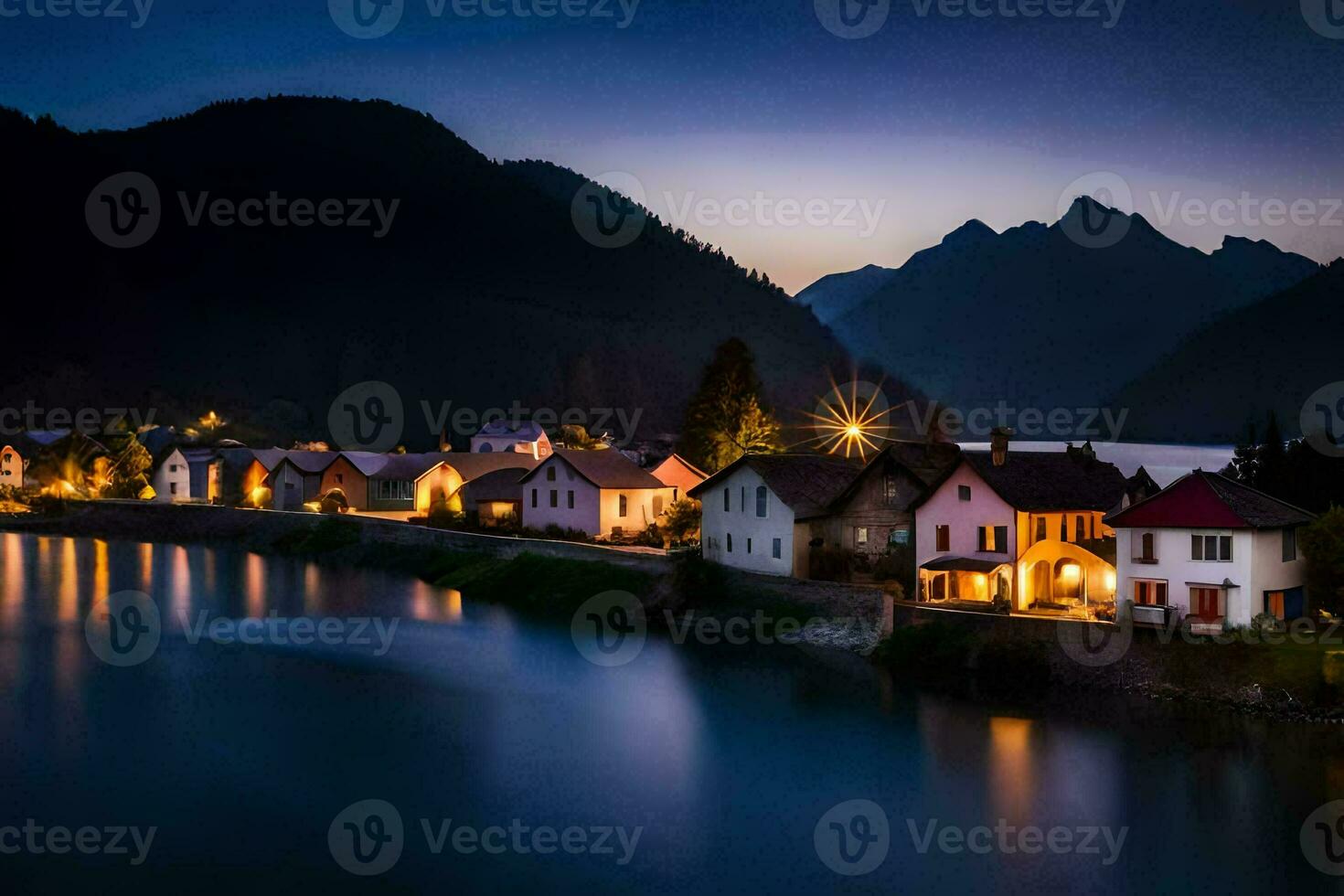 foto behang de lucht, bergen, water, nacht, de dorp, de meer, de bergen. ai-gegenereerd